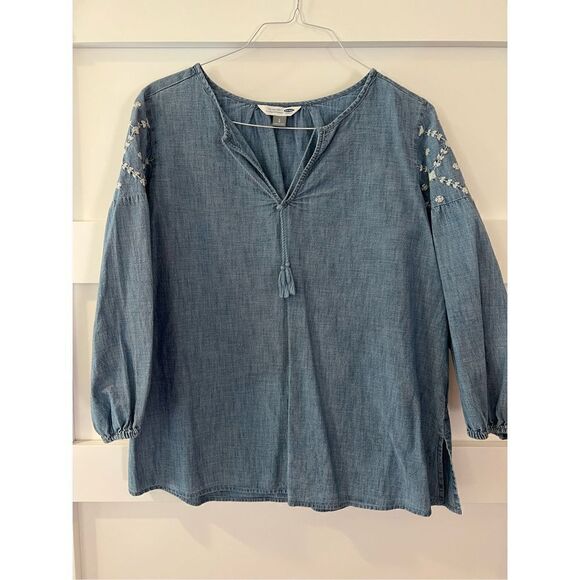 Old Navy The Tunic Light Blue Jean Shirt with white embroidery on arms size Larg - Picture 8 of 15
